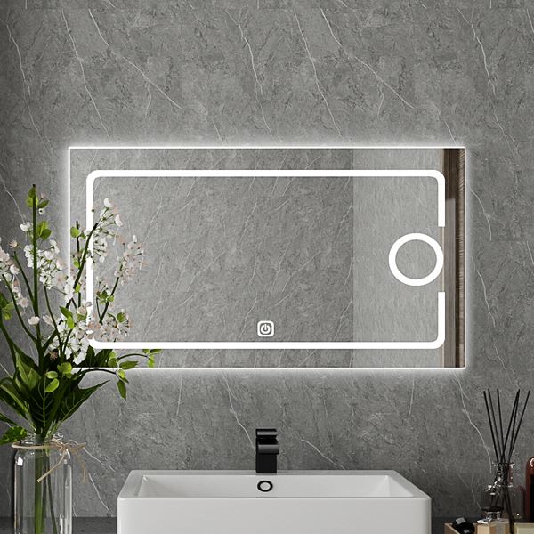 Rectangular LED Lighted Bathroom Mirror Wall Mount With Defogger And Dimmer